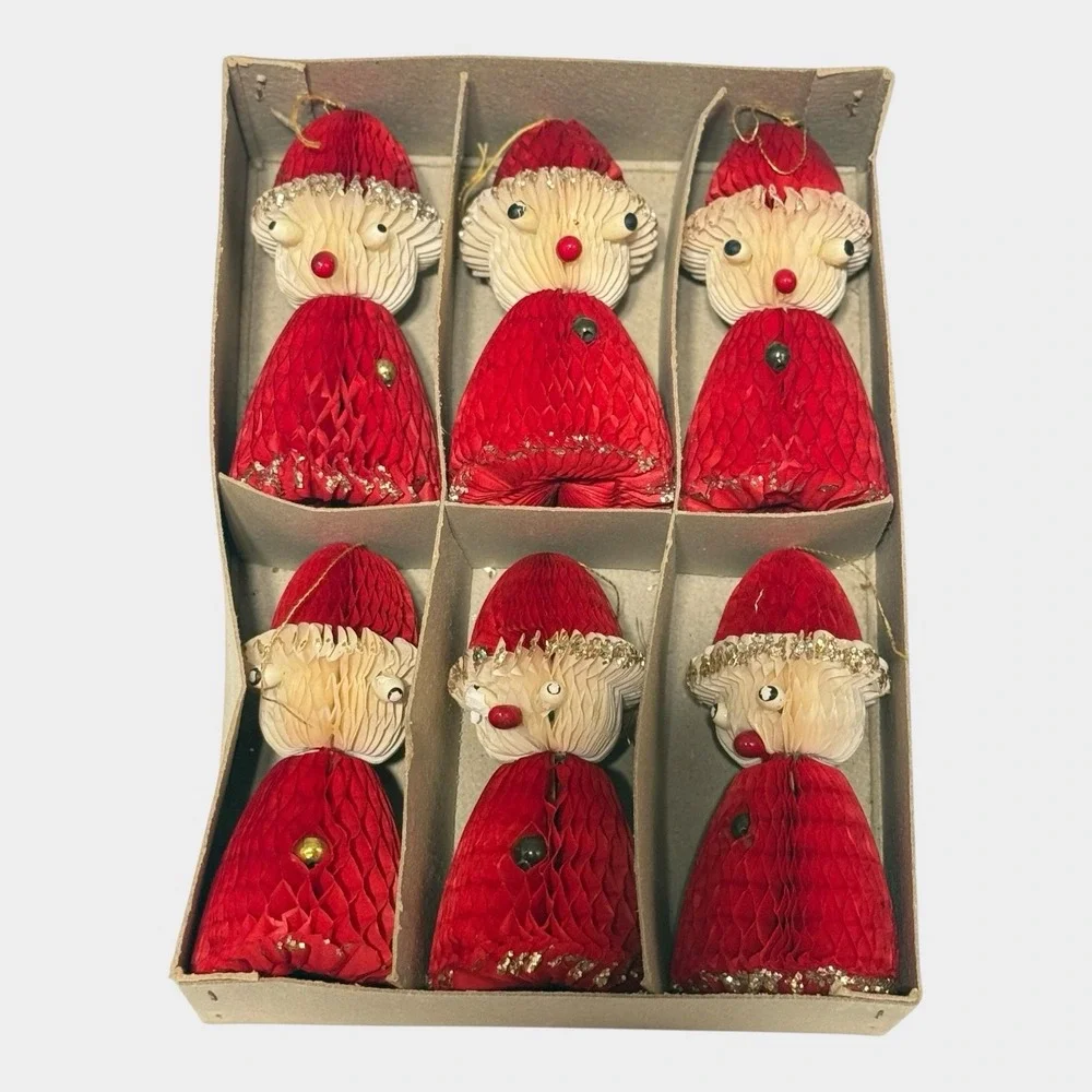 Honeycomb Paper Santa Ornaments Set of 6 Original Box c1950s Christmas Vintage